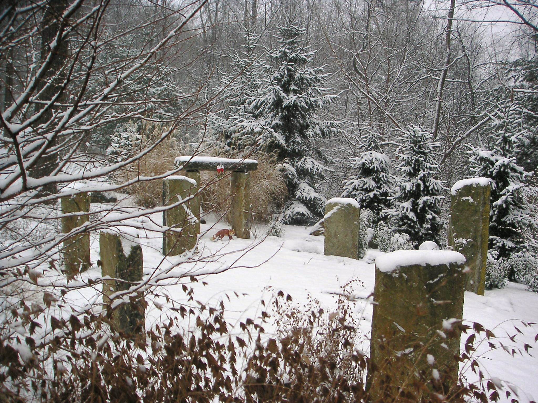 Foxhenge in winter, covered in snow. A wreath has been hung in the center of the lintel stone of the trilithon, and a life-like statue of a fox stands beneath it.